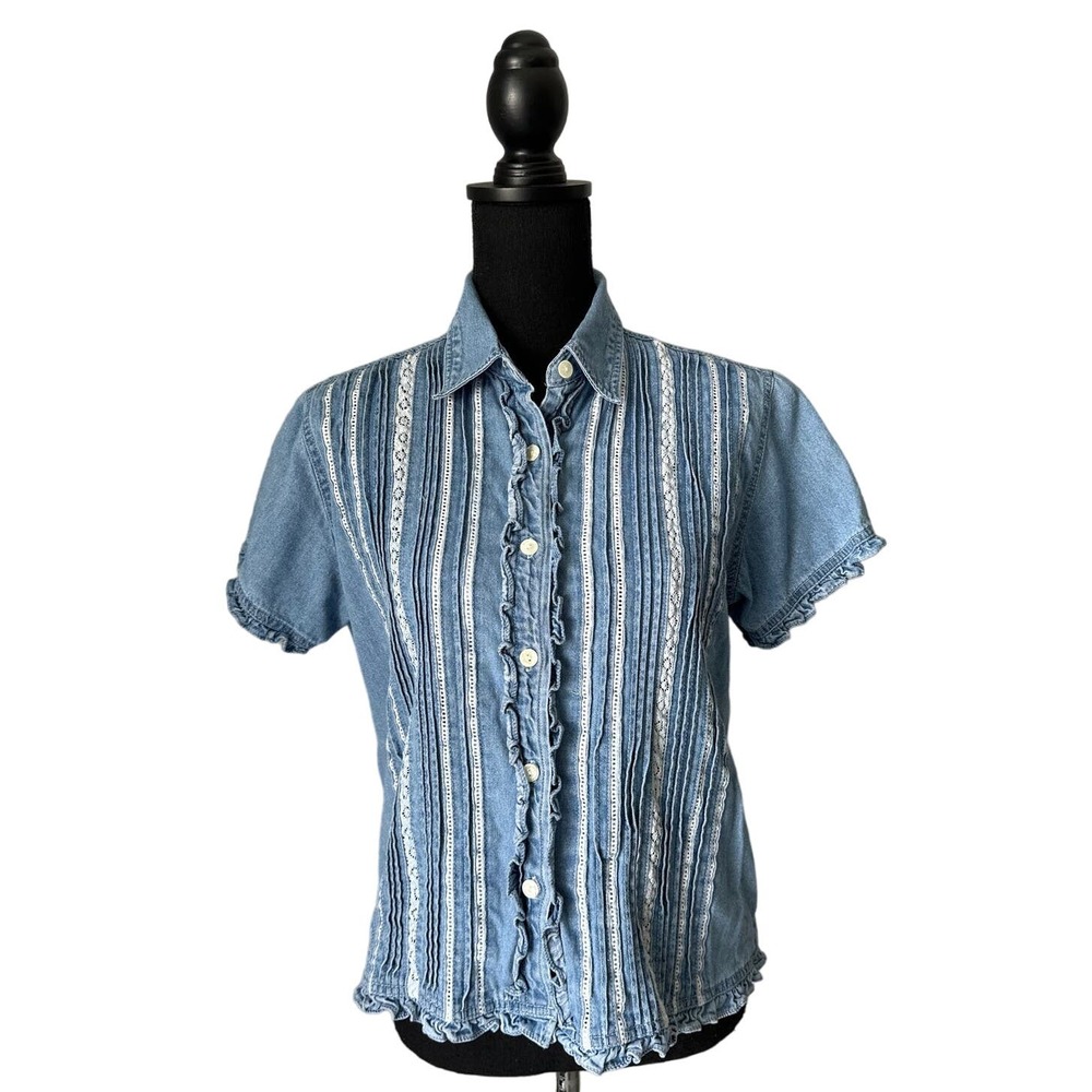 Women's Light Denim Ruffle-Trim Button Front Blouse